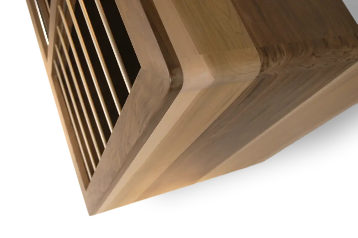 Custom Modern Dog Crate furniture with sleek rounded waterfall edge. top right cabinet view shown in solid maple and walnut hardwood with sliding door and smooth horizontal steel bars in Champaign color finish