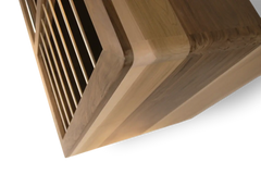 Custom Modern Dog Crate furniture with sleek rounded waterfall edge. top right cabinet view shown in solid maple and walnut hardwood with sliding door and smooth horizontal steel bars in Champaign color finish