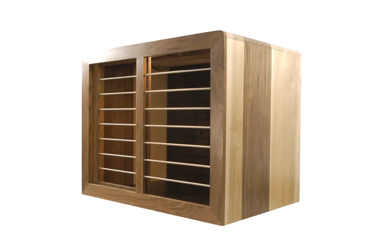 Custom Modern Dog Crate furniture with sleek rounded waterfall edge. front right cabinet view shown in solid maple and walnut hardwood with sliding door and smooth horizontal steel bars in Champaign color finish