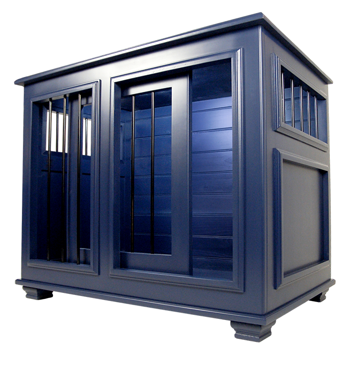Luxury Dog Crate Furniture_Single_Large_Solid Maple_Sliding Barn Door_Navy Blue_front view